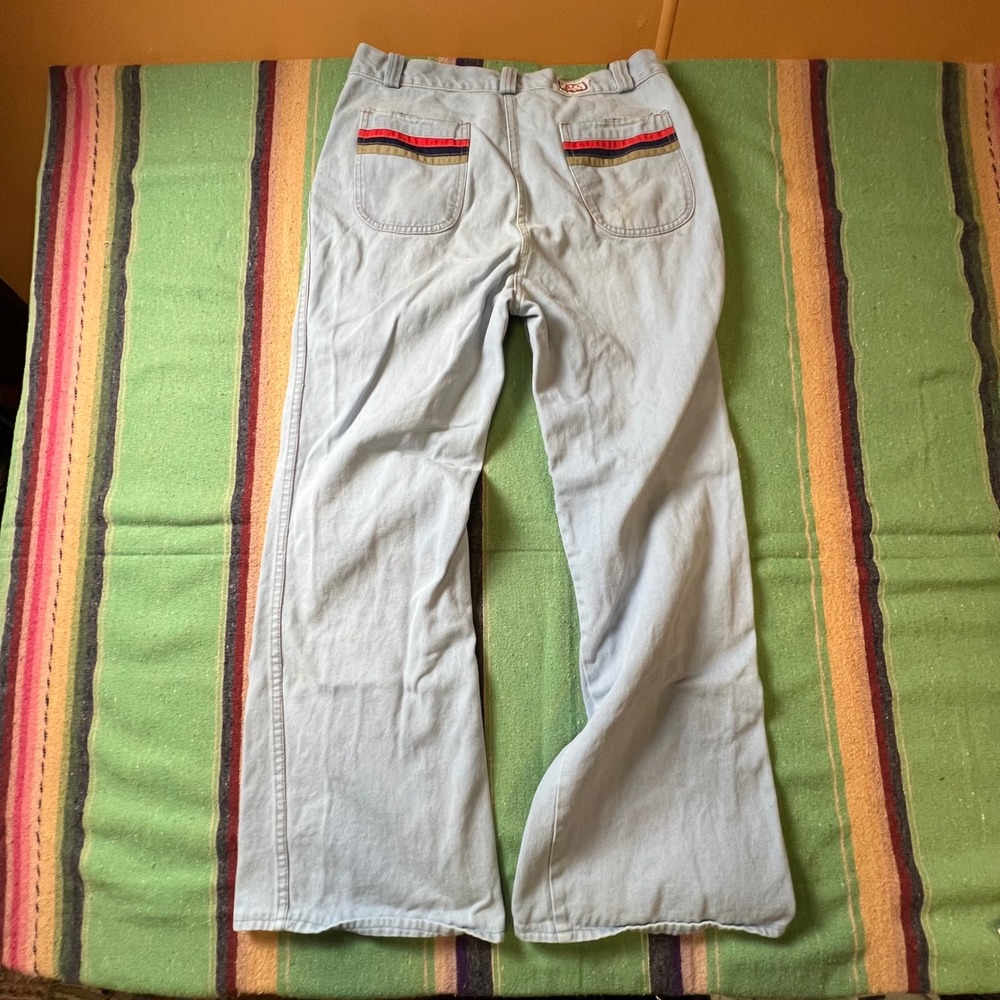 Vintage 1970s Disco Jeans Flare Pants Unisex 31 Light Wash Striped Pocket Retro